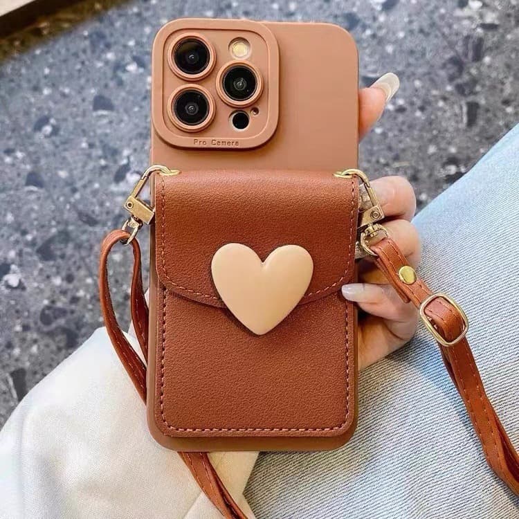 Niche Brown Heart Card Holder Compatible with iPhone 16 Pro Card Slot Phone Case Leather Crossbody for iPhone 17/13/11