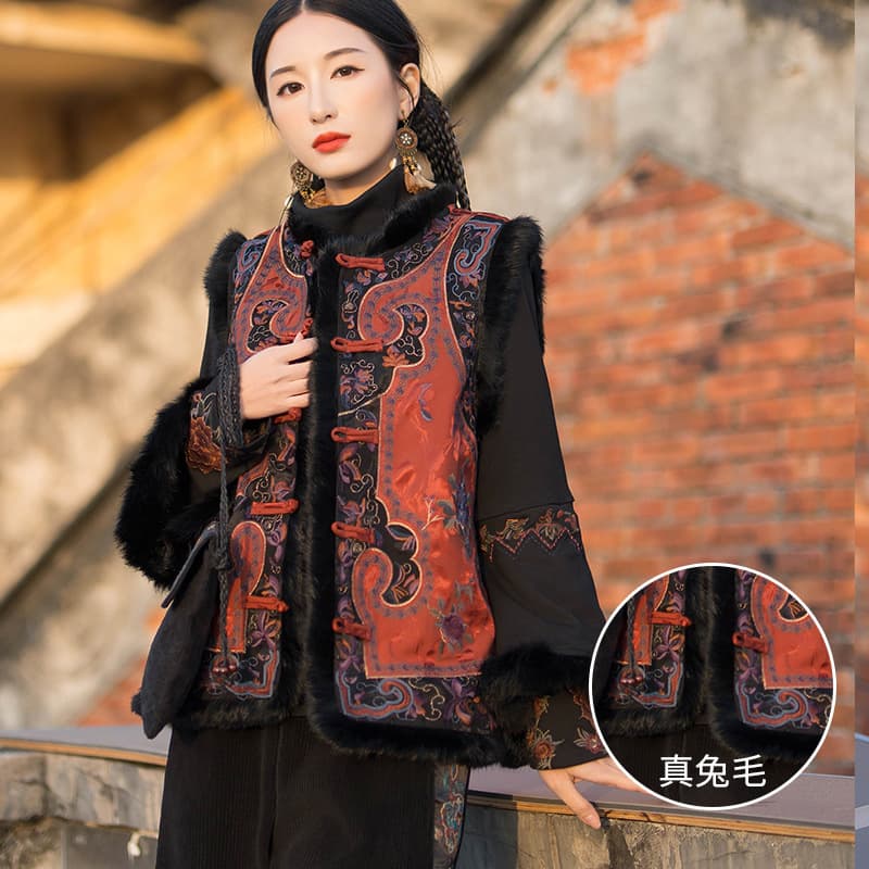Ethnic Style Women's Warm Vest, Autumn/Winter New Satin Heavy Appliqué and Rabbit Fur Cotton Vest, Outerwear Waistcoat
