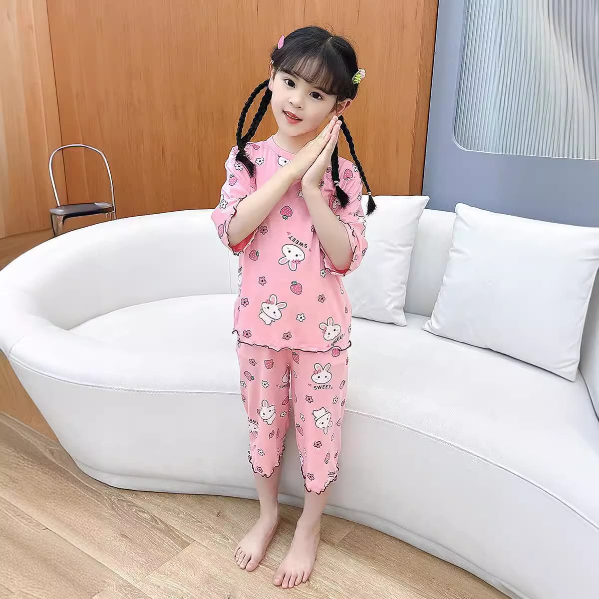 Girls pajamas set summer three-quarter fungus modal short-sleeved shorts children girls summer style medium and large children thin