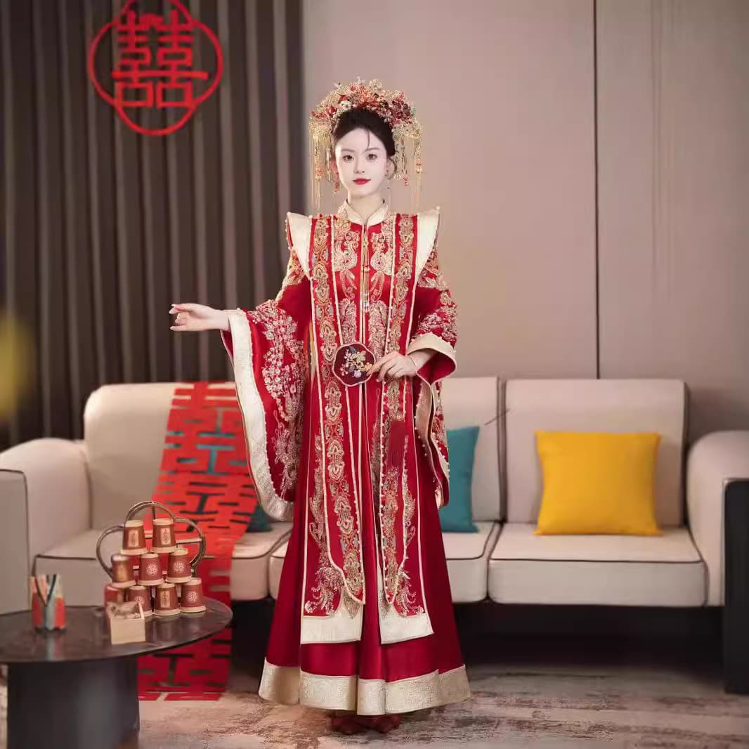 Phoenix Crown and Cape Chinese-style Bride Dress Ming-style Satin Wedding Dress for Bride Xiuhe Costume Ancient Costume Plus Size Hanfu Wedding Gown