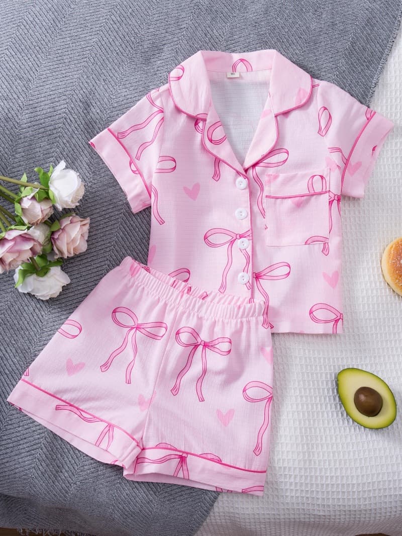 [EU/US Cross-Border] Girls' Short-Sleeve Shorts Homewear Bowknot Kids' Pajamas Factory Direct for Export