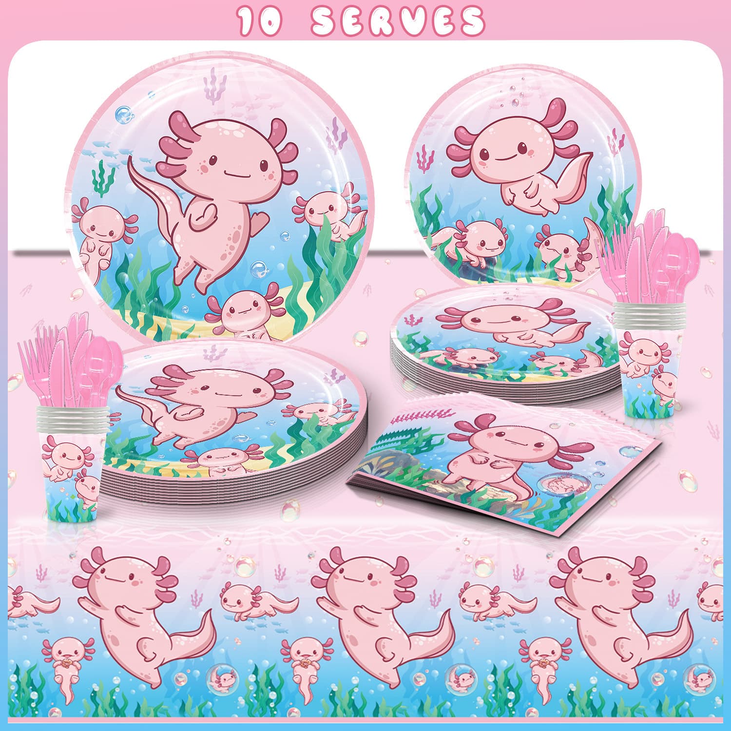 Pink Salamander Cute Kids Birthday Party Disposable Plate Cup Napkin Tablecloth Tableware Party Set