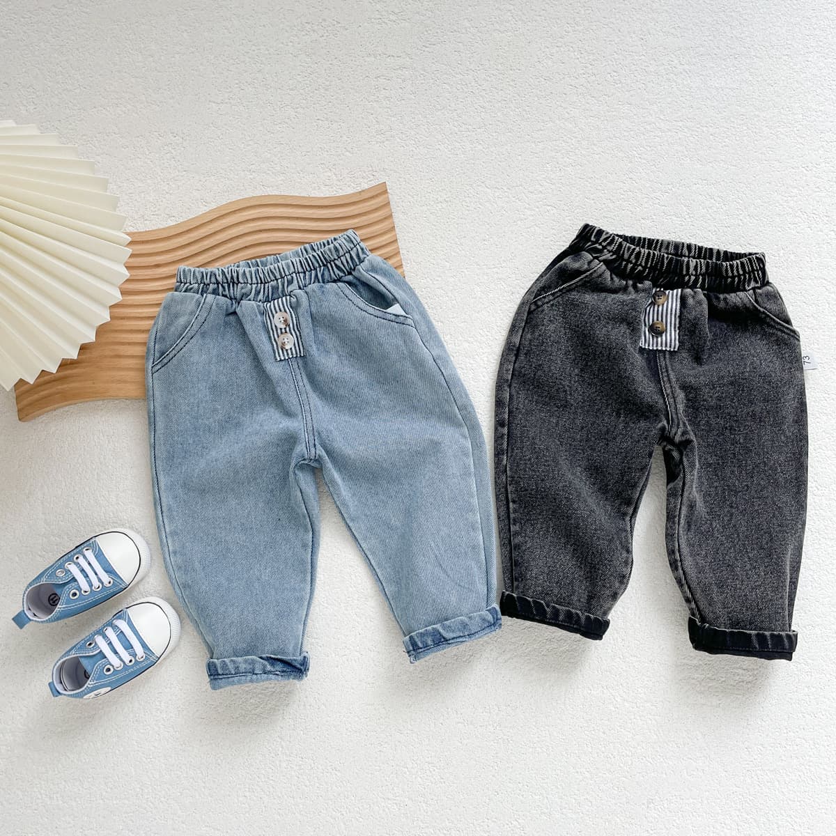 Kids Solid Color Jeans 0-2 Years Autumn Boys Simple Soft Elastic Waist Casual Pants Baby Korean Style Pants