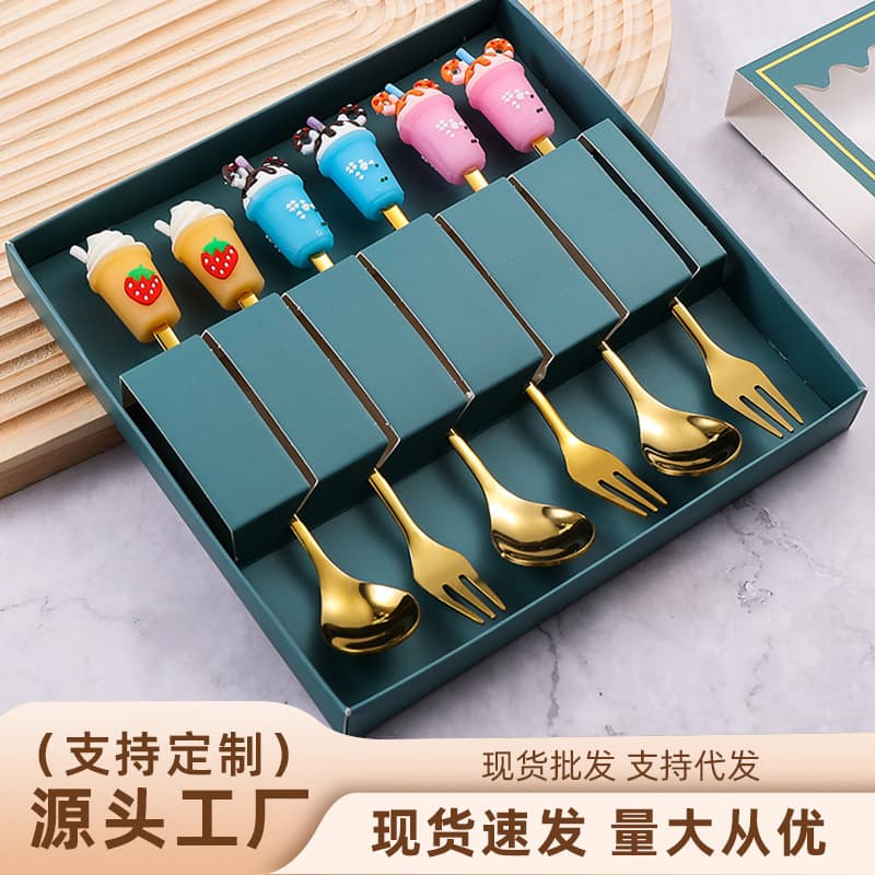 Stainless steel spoon fork cutlery set creative cute doll milk tea spoon golden coffee stirring spoon dessert spoon