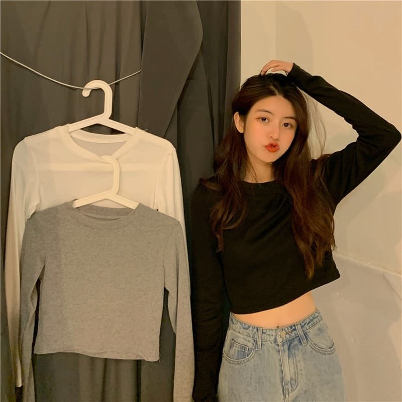 Basic Long-Sleeve White Base Layer Top Korean Style Cropped Navel-Baring T-Shirt for Women 2025 Autumn Slimming Flattering Top Trendy
