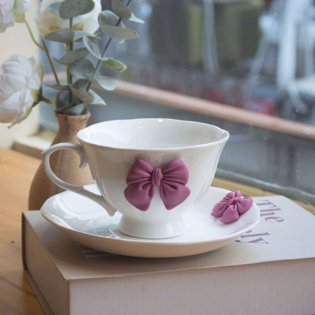Cute Girly Heart Bow Ins Style High-End Home Coffee Cup and Saucer Set Afternoon Tea Coffee Cup