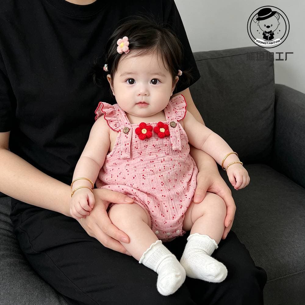 Baby clothes summer jumpsuit 2026 new style baby girl full moon 100 days pure cotton sling bag fart clothing