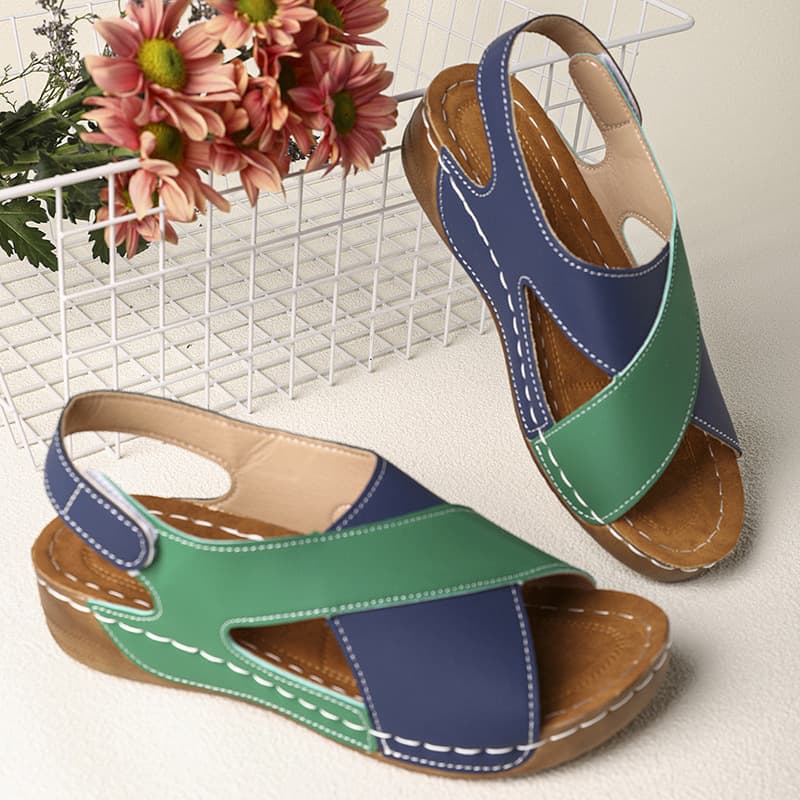 Women's Wedge Sandals for Outdoor Wear, Cross-Border Plus Size, Contrast Color Breathable Velcro Thick Sole Sandals
