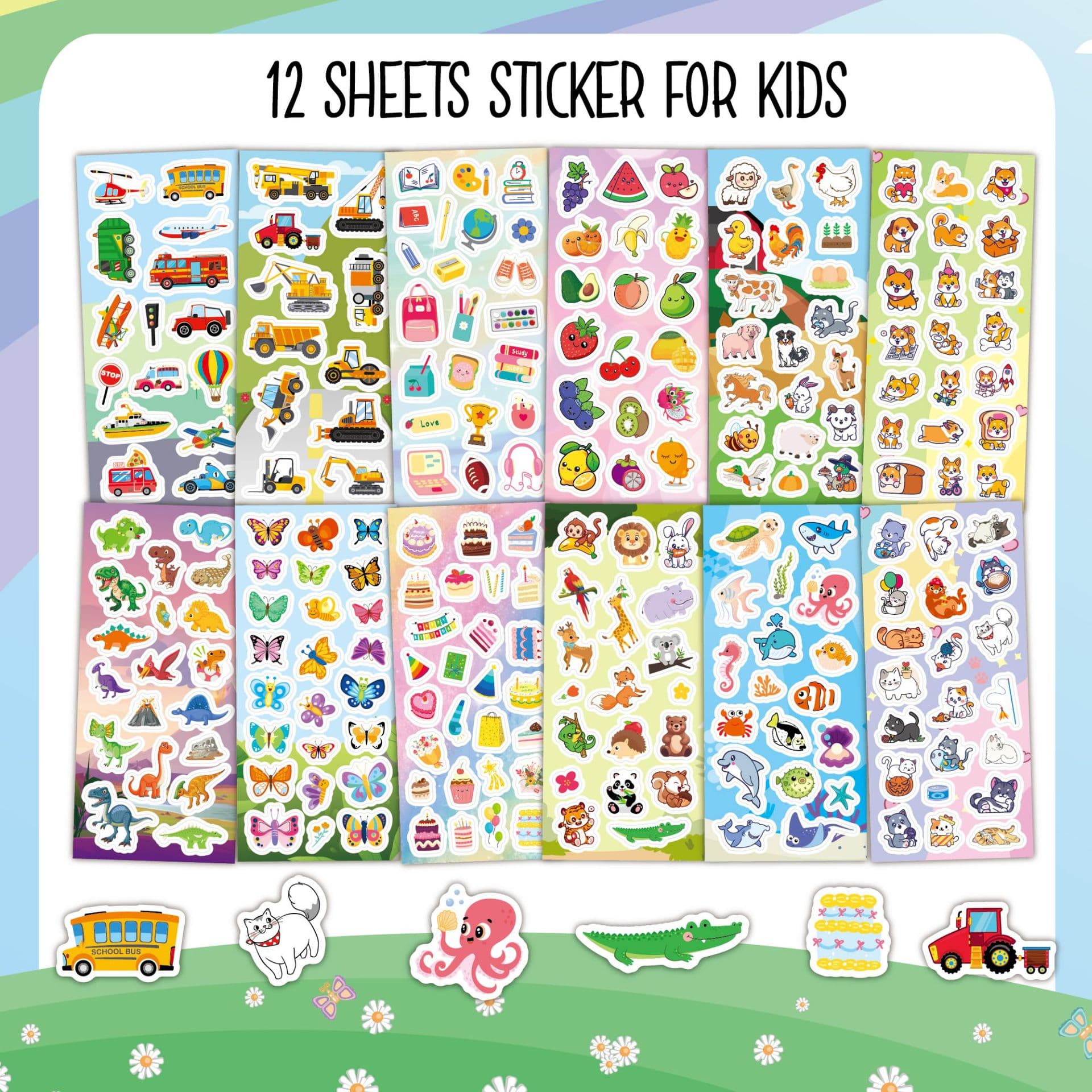 New Cross-Border Kids Scrapbook Stickers 12-Pack Cute Cartoon Set Waterproof Children Stickers
