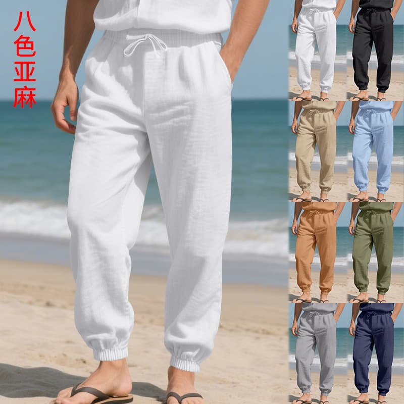 Cross-border Amazon European and American men's new summer linen casual pants loose and breathable leg-tie cotton and linen pants