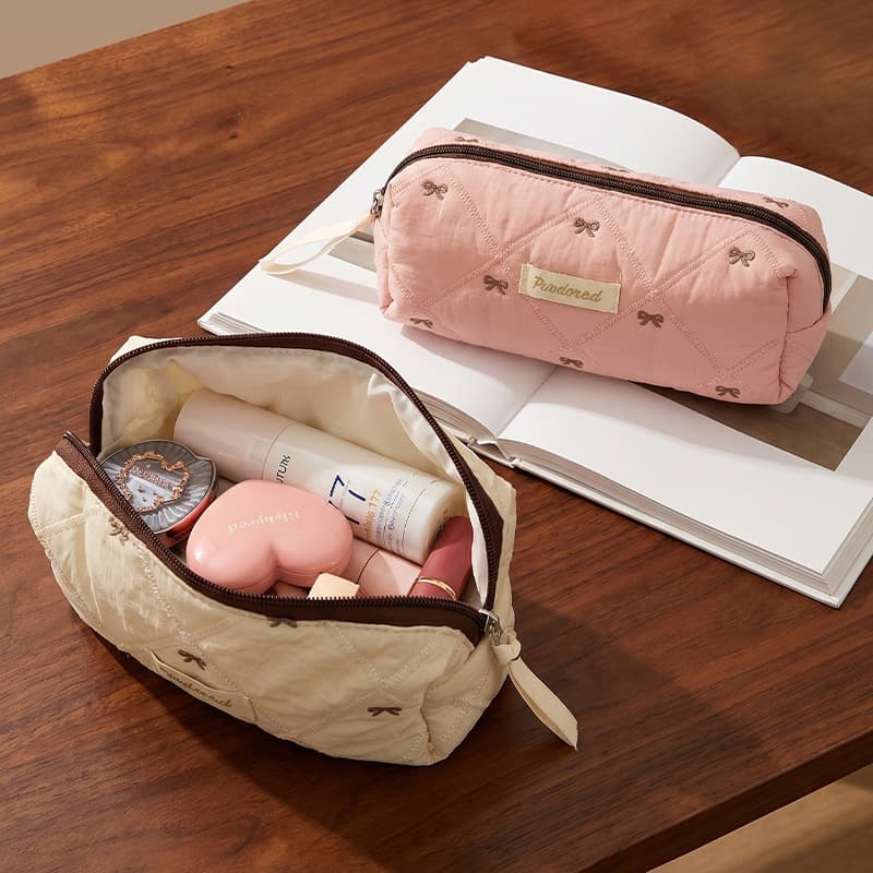 Girly heart embroidered bow pencil bag rhombus quilted large-capacity stationery bag student daily learning storage pencil bag