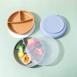 Baby Round Suction Plate with Lid, Silicone Divided Plate with Strong Suction Base for Baby Food