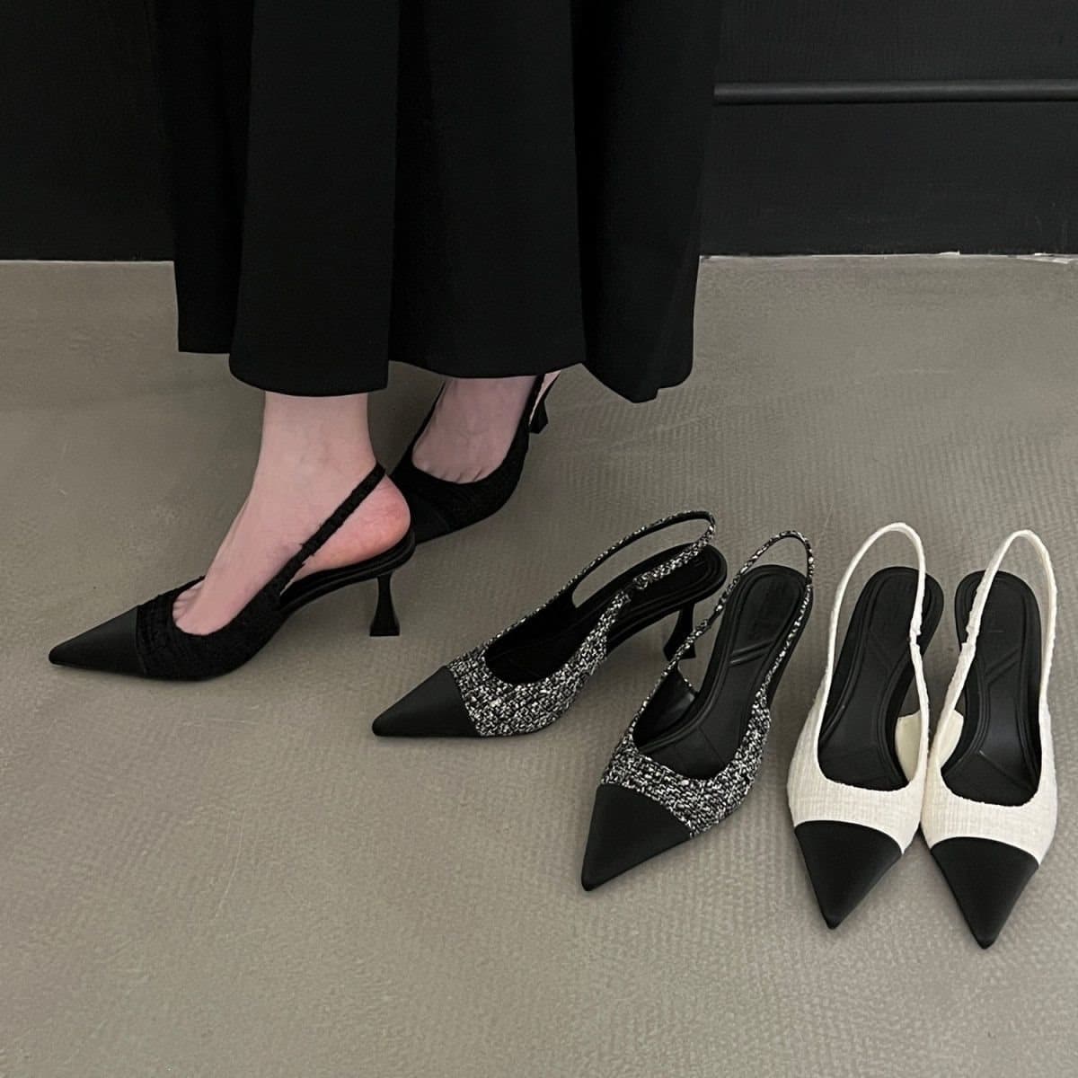 Spring/Summer New Tweed Color-Block Chanel-Style Fairy Pointed Toe Thin Heel Mid Heel Open-Toe Sandals High Heel Shoes for Women French Style