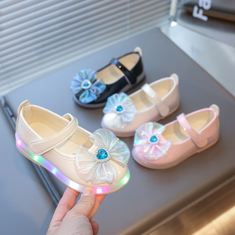 2025 Spring New Girls' Princess Single Shoes with Bow, Rhinestone, and Light-up Features, Princess Leather Shoes for Girls' Performance