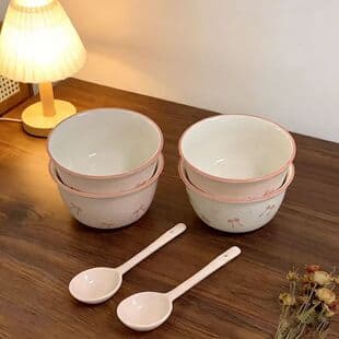 Girl Bow Ceramic Bowl and Spoon Set, Underglaze Color, High Appearance Ins Tableware Rice Bowl Dessert Bowl Ceramic Dinnerware Set