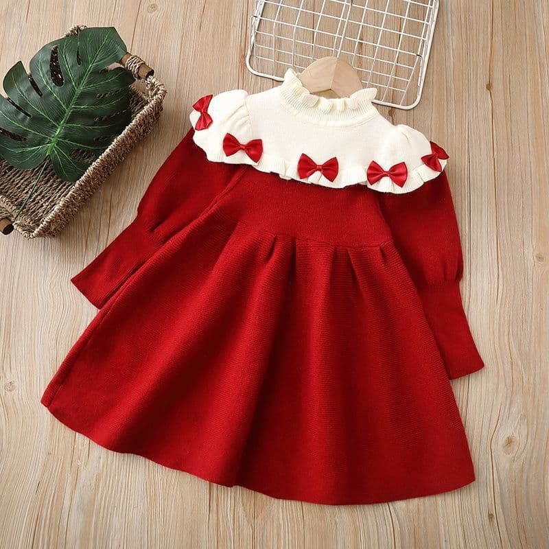 2024 New Bow Dress for Girls, Knitted Long Dress in Red, Children's Clothing from Foreign Trade Factory
