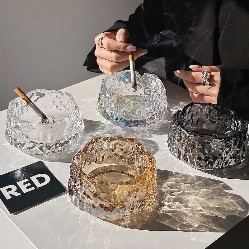 Glacier Glass Ashtray, High-End and Elegant, Premium Quality, Creative Anti-Fly Ash Ashtray for Office, Living Room, and Home Use