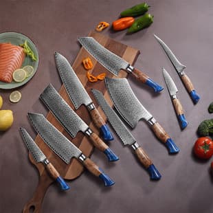 Factory Damascus Knife with Blue Resin Copper Stabilized Wood S-Shaped Handle, Kitchen Knife for Home Use and Fruit Store Chef Knife