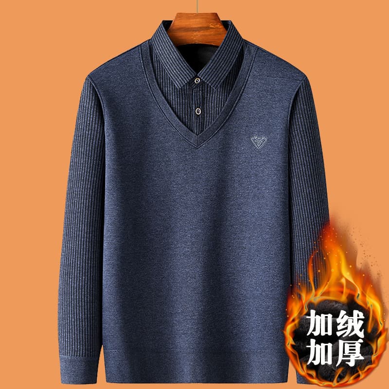 Mid-Age Winter Fleece-Lined Thick Sweater Men's Fake Two-Layer Knit Thermal Top Father's Base Layer