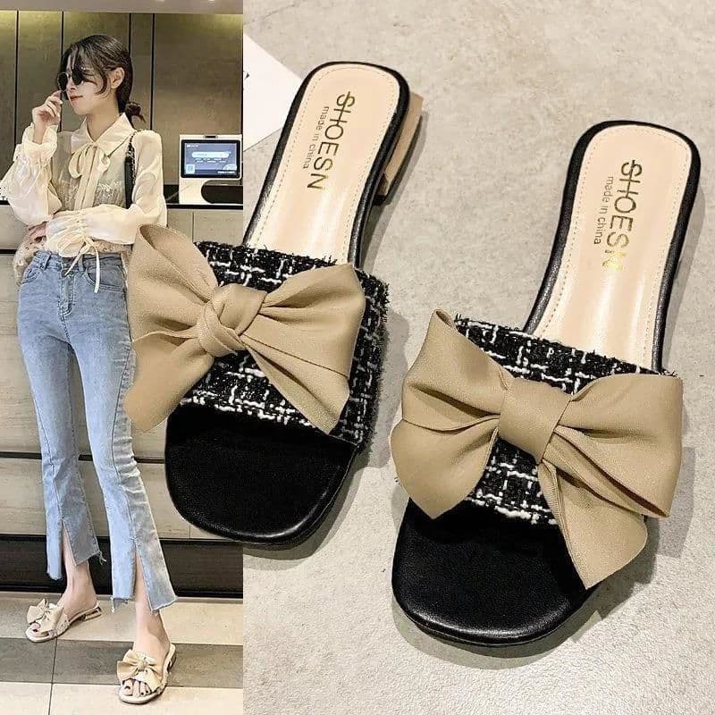 Trendy Casual Square-Heel Lazy Sandals for Women, Fashionable Versatile Fairy Style Butterfly Knot Low-Heel Flip-Flops