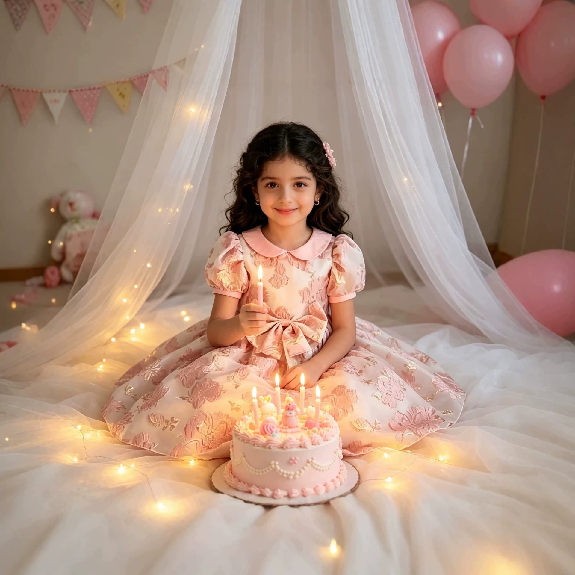 Girls Dress 2026 Summer Cross-Border Bow Jacquard Fabric Birthday Dress Puff Sleeve Pink Princess Gown