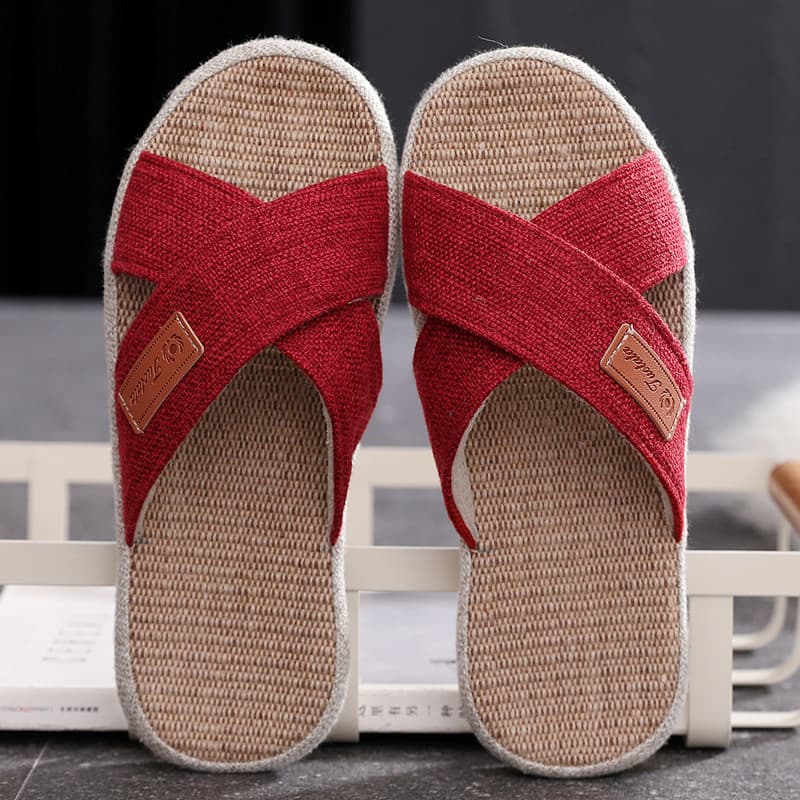 Pot Bottom Slippers, Summer Anti-Slip Toe Loop Slippers, Export Linen, Couple Style, Red, Home Slippers, Breathable