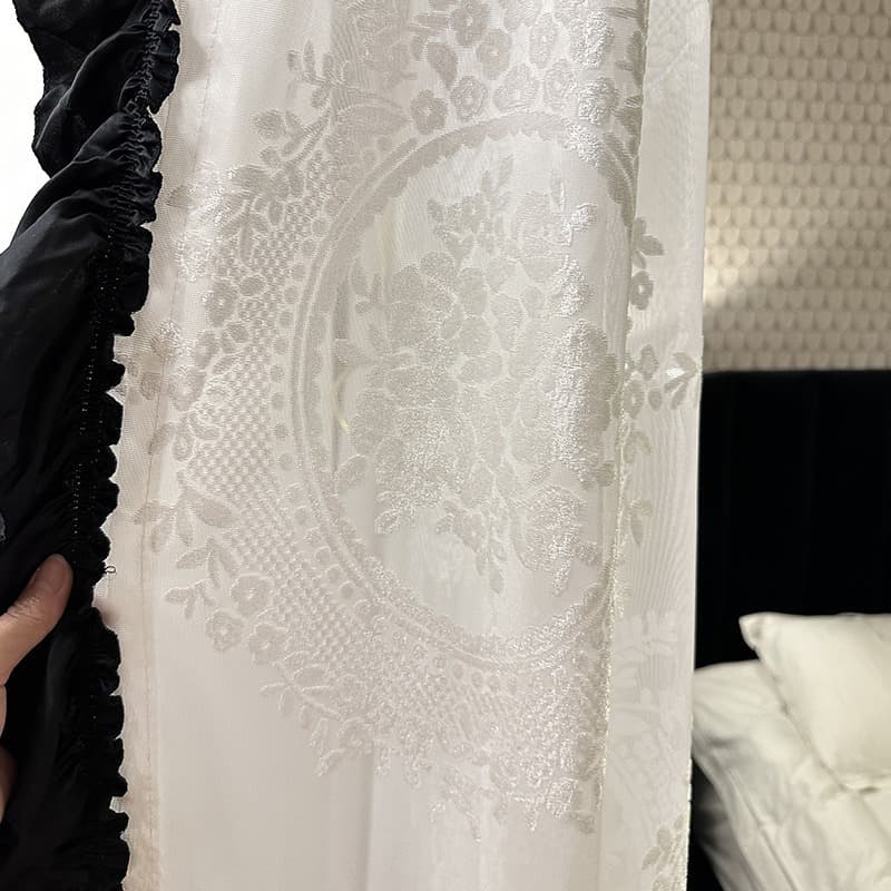 French Lace Black Trim Girl Style Window Voile Curtain Fresh Bay Window Door Curtain Floor Length Short Curtain Voile Wholesale