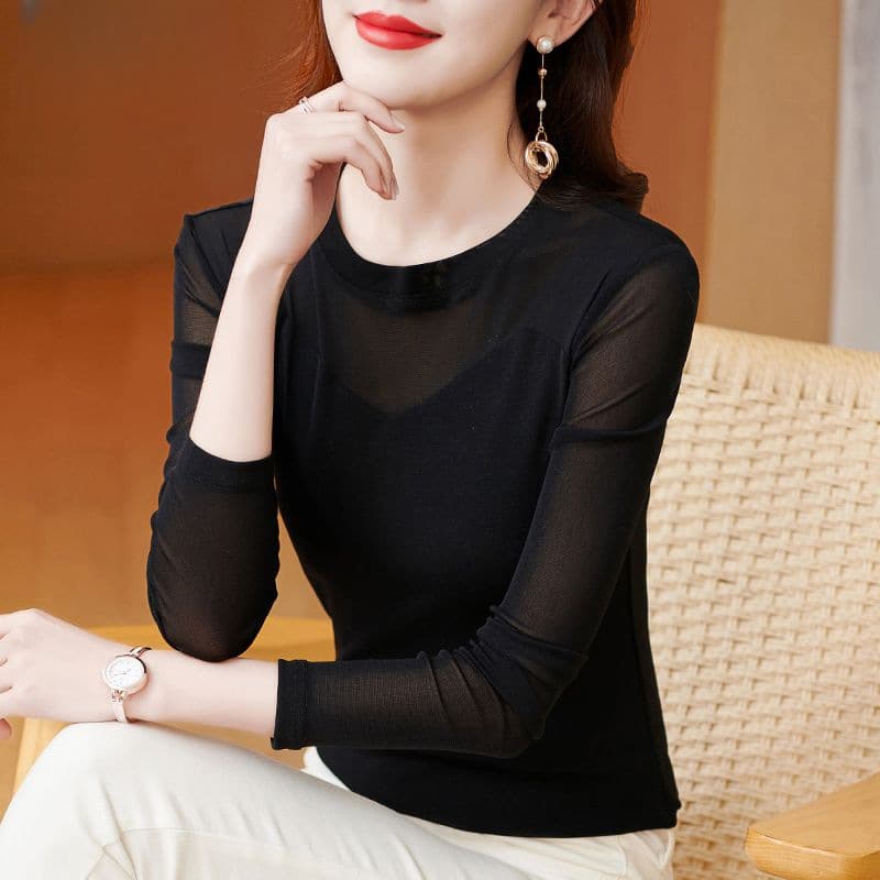 2025 Spring and Autumn New Style Mesh Base Shirt for Women, Slim Fit, Versatile Long Sleeve Top, Fashionable Dance Outfit