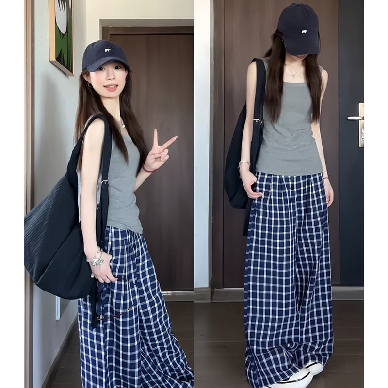 Plaid wide-leg pants for women 2026 new summer high-waisted straight thin style loose and lazy style Yamamoto pants