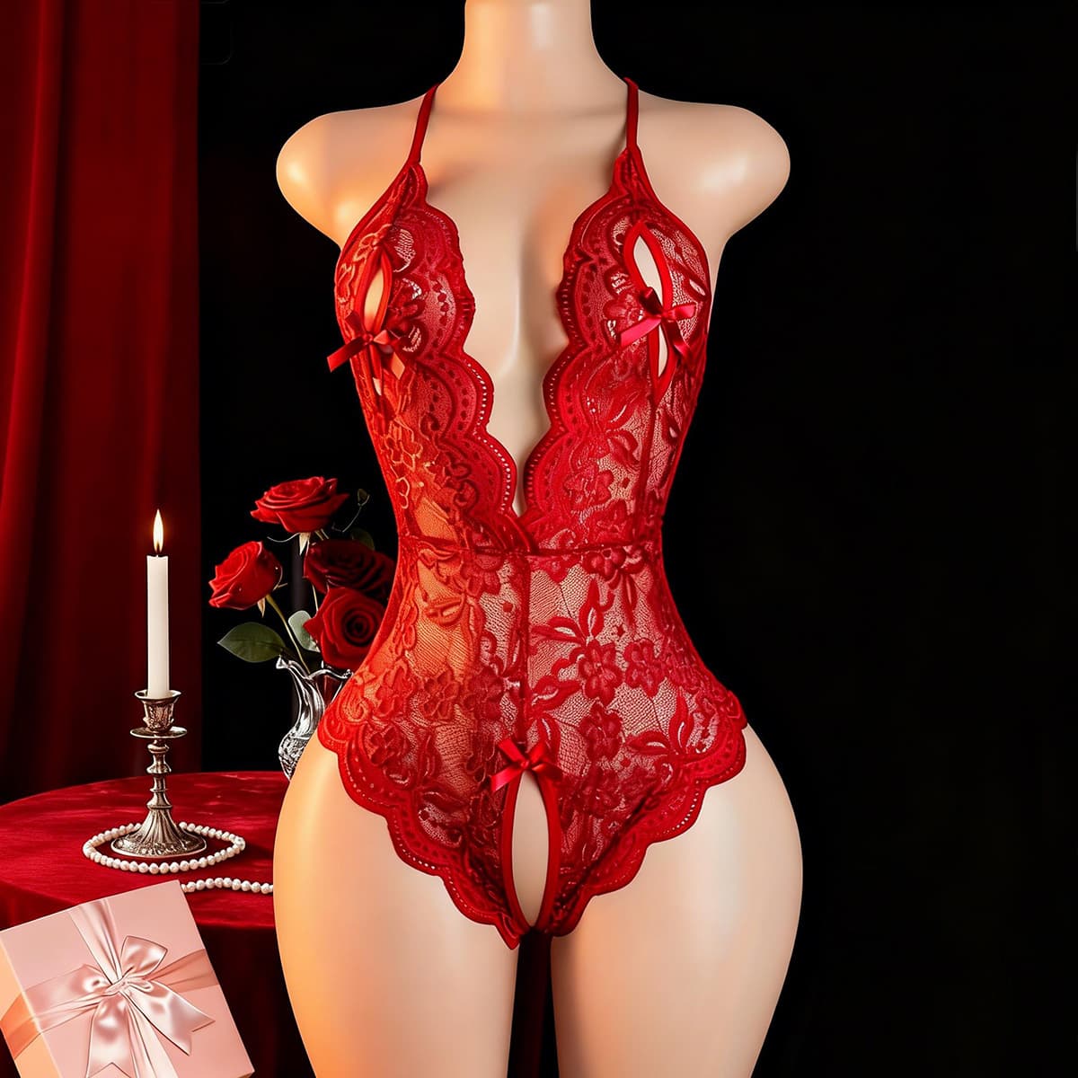 Mu Rao European and American cross-border open crotch bodysuit, lace sexy hollow-out heart trim thin pure and sexy lingerie