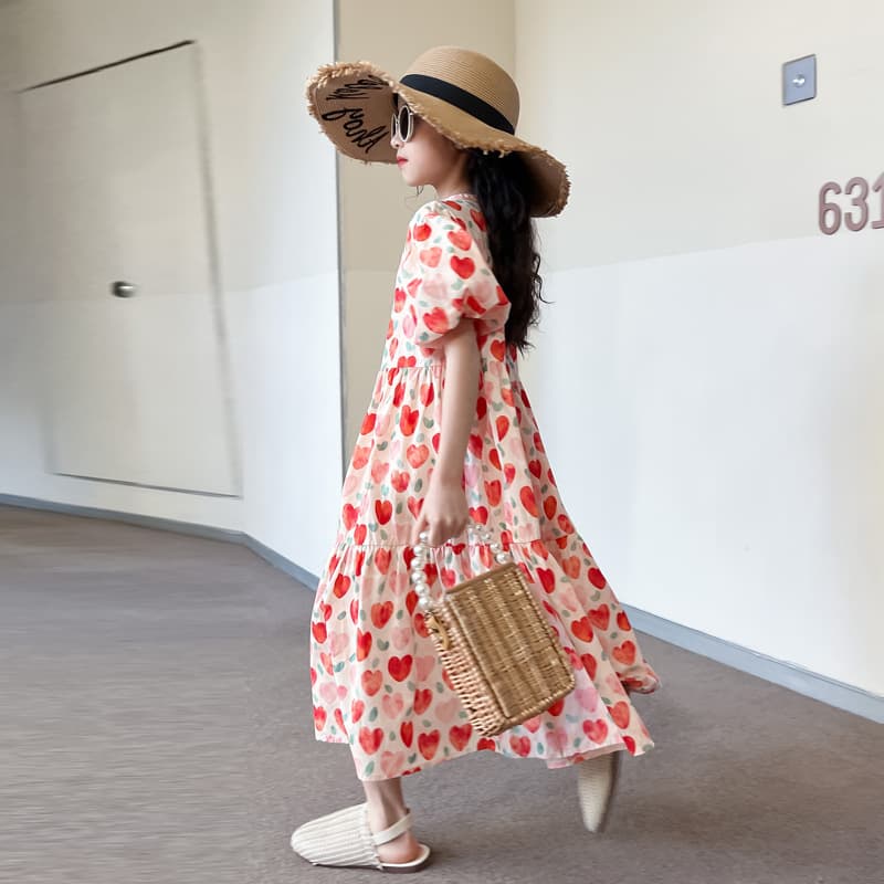 Summer Korean Style Girls Dress, Large Size Heart Collar Patchwork Skirt, Parent-Child Matching Soft Cotton Layered Skirt