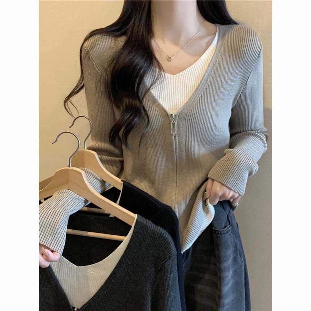 Nursing Top with False Two-Piece Knit Cardigan, New Autumn and Winter Innerwear for Stylish Moms On-the-Go