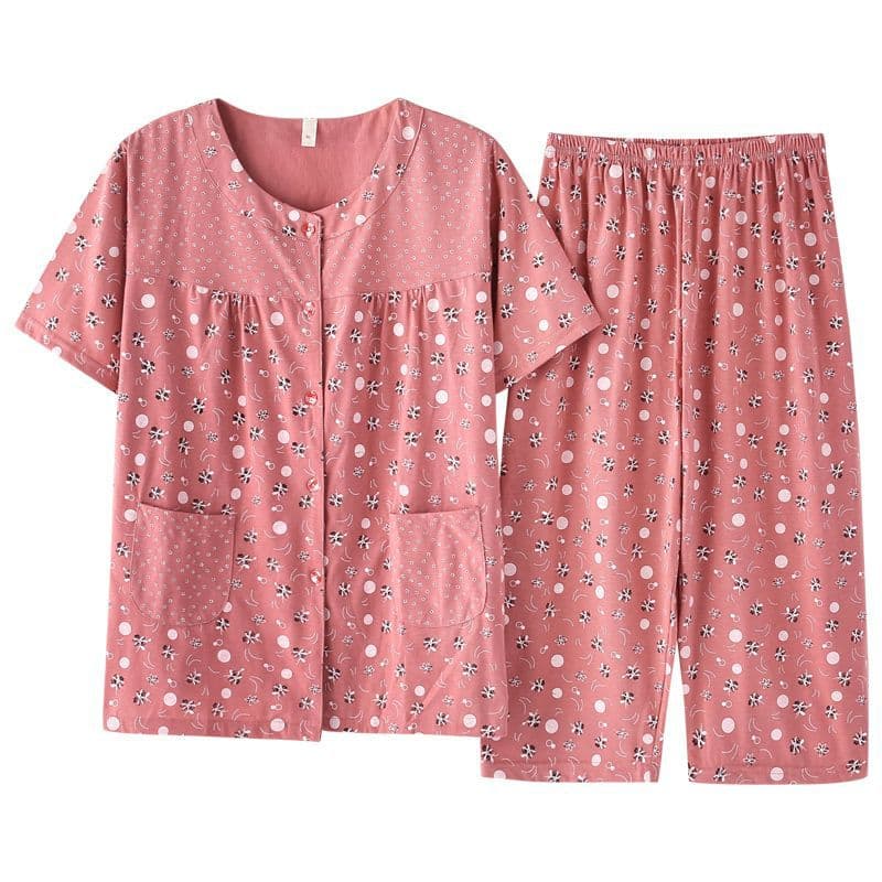 Hot Summer Mother's Pajamas Women Cotton Short Sleeve Long Pants Plus Size Thin Homewear for Middle-aged and Elderly