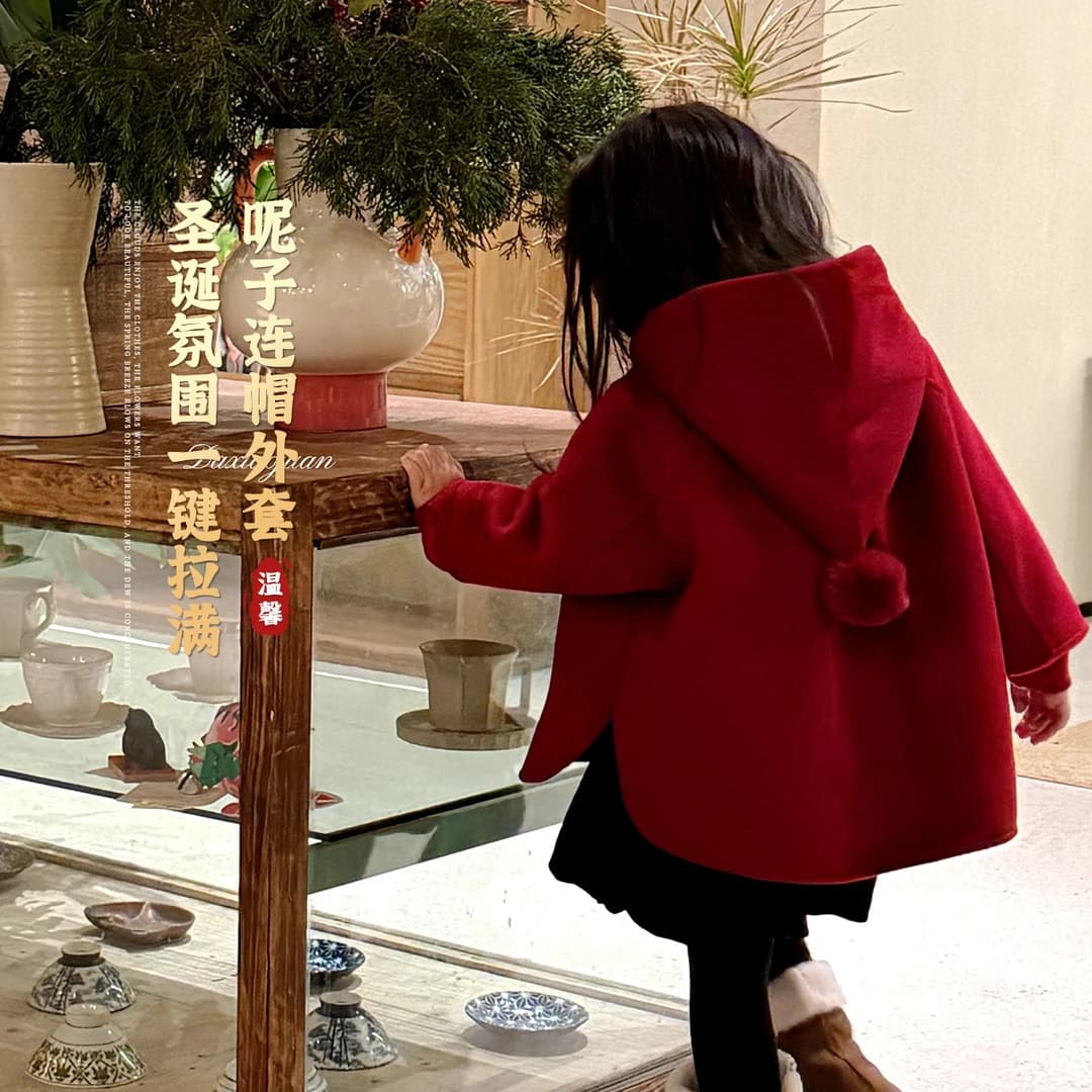 Girls' Wool Red Riding Hood Coat 2025 Winter New Year Outfit Kids' Fleece-Lined Thick Warm Jacket