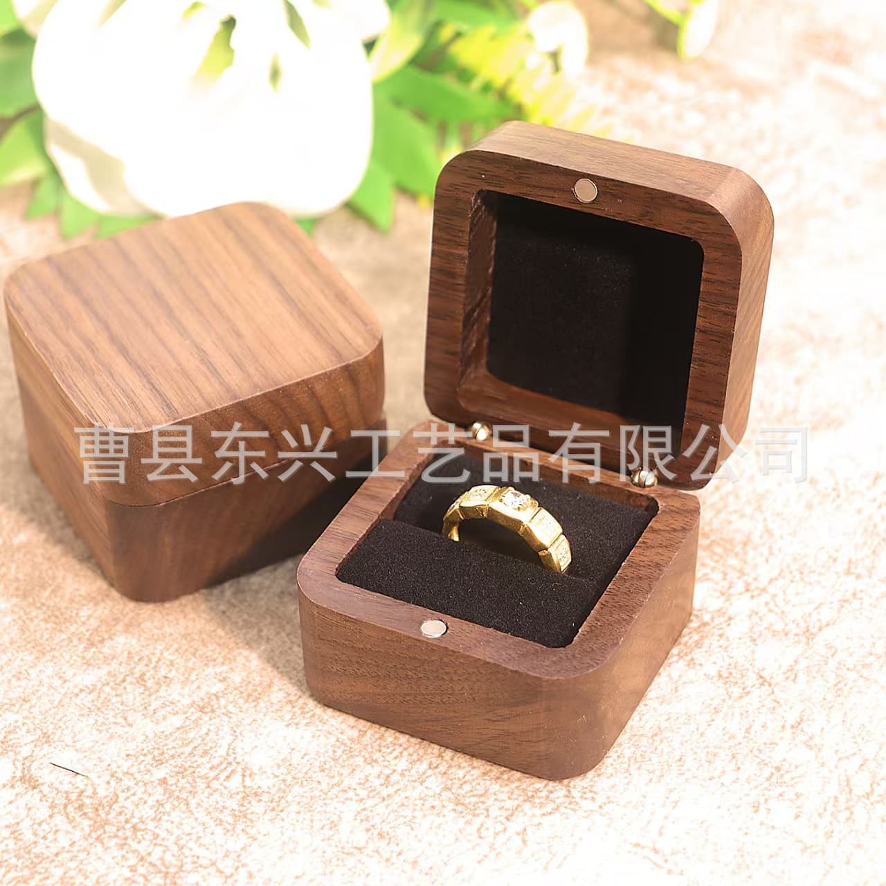 55mm Square Couple Ring Box Black Walnut Wood Box Wedding Diamond Ring Jewelry Gift Packaging Storage