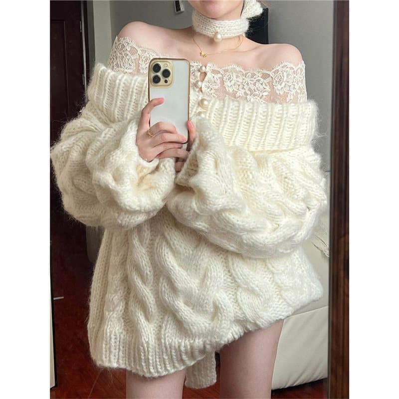 French Chic Off-Shoulder Cable Knit Sweater for Women, Autumn/Winter Gentle Style, One-Shoulder Knit Top