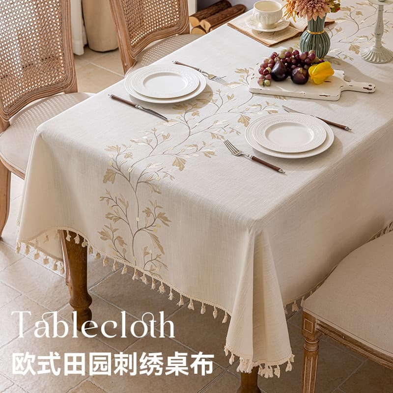 Cross-border Pastoral Embroidered Tablecloth with Embroidery Craft, Fringed Edge, Rectangular Coffee Table Cloth, Waterproof and Wear-Resistant, French Dining Table Cloth