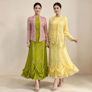 Southeast Asian Malay Women's Modest Conservative Three-Piece Set Cardigan Headscarf Dress Long Sleeve Embroidery Tudung