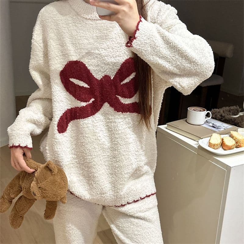 Soft half-velvet autumn and winter pajamas for women, round neck, thickened puppy bow, starfish baby home wear set