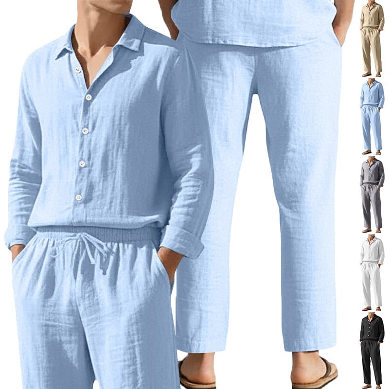 Cross-Border Amazon American-Style Four-Season Linen Lapel Casual Loose Beach Sun-Protection Long-Sleeve Shirt and Pants Set for Men