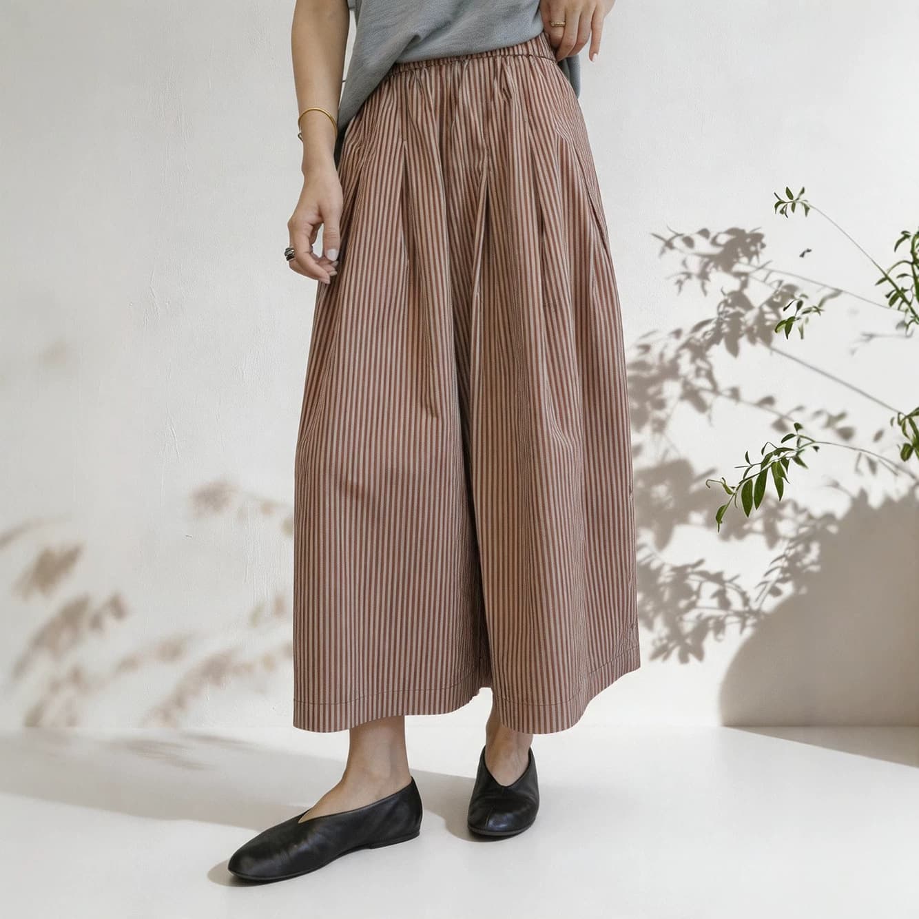 Pure Cotton Sandwashed Yarn-Dyed Striped Full Elastic Waist Accordion Pleat Wide-Leg Brownish-Red Skirt Pants Cropped Pants Skirt D0529