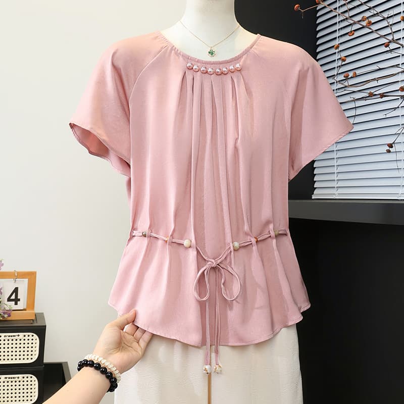 Dropshipping Middle-aged Women's Summer Elegant Two-Piece Set, Age-Defying Short-Sleeve Top