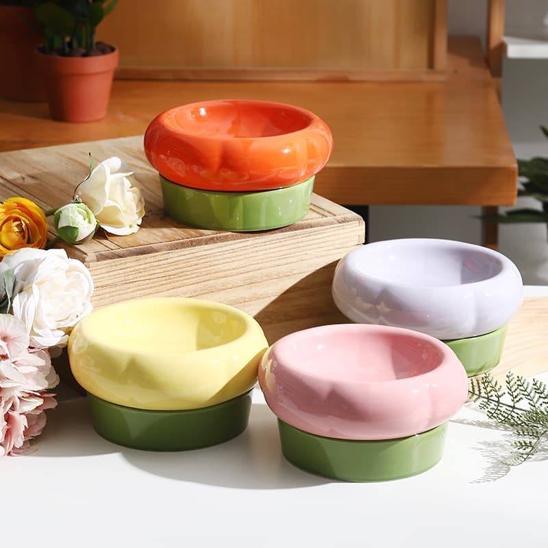 Ceramic Cat Bowl, Color-Blocked Double-Layer Cat Bowl, Pet Supplies, Dual-Purpose Bowl, Food Bowl, Water Bowl, Food Dish, Creative Cat Bowl
