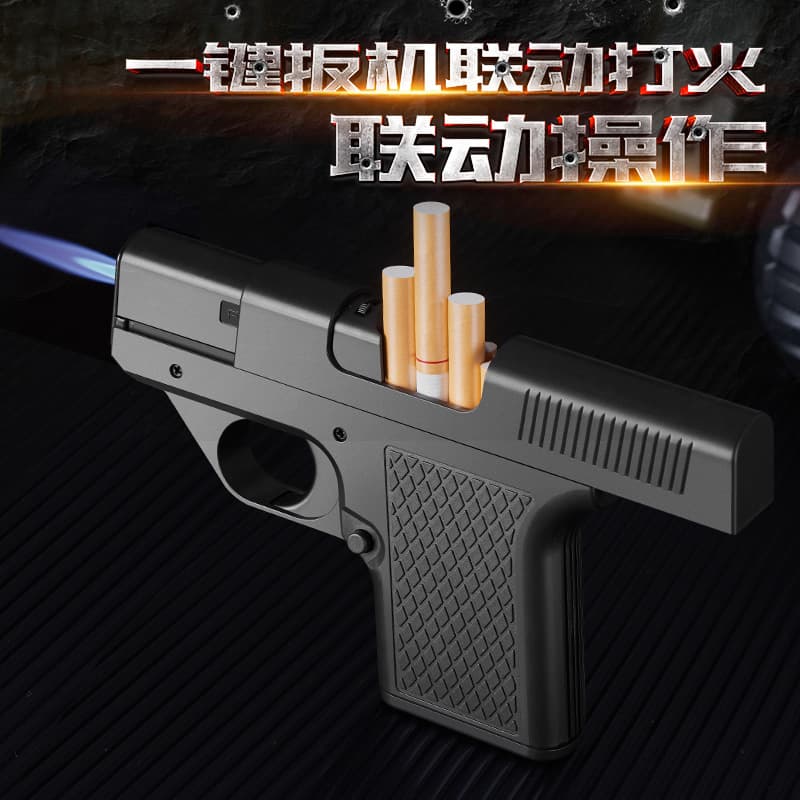 Viral Creative Gun-Shaped Cigarette Case Inflatable Windproof Lighter Integrated Hand-Rolled Coarse, Medium, Fine Tobacco Three-in-One for Boyfriend