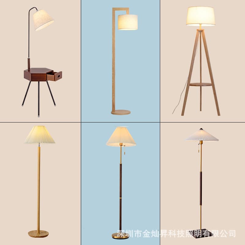 Nordic floor lamp creative living room bedroom bedside study desk lamp simple vertical three-legged solid wood cloth cover hanger lamp