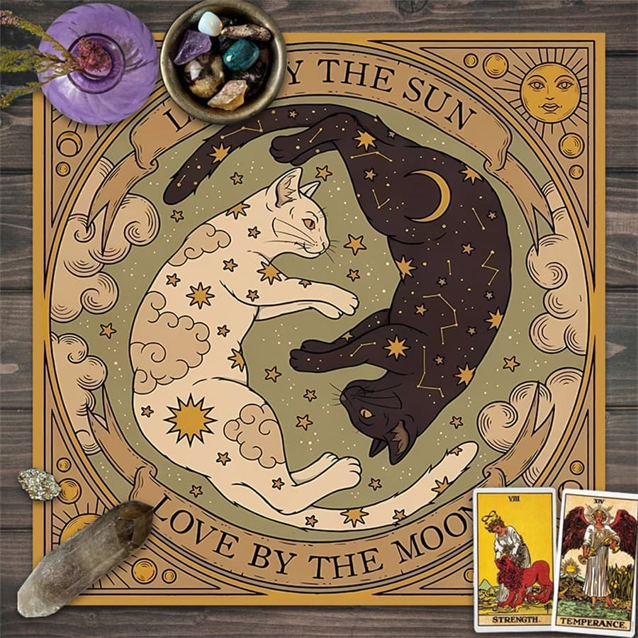 Mystical Cat Moon Phase Energy Symbol Altar Cloth Five-Pointed Star Tarot Black Oracle Cloth Tarot Table Cloth Mat