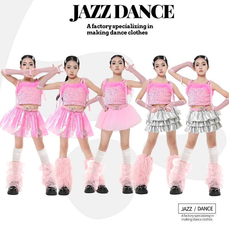 Pink Jazz Dance Costume for Girls Kpop Group Stage Performance Outfit Children's Catwalk Show Dress