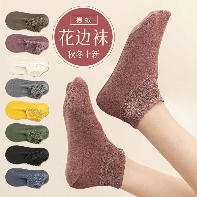 Women's winter socks, wool floor socks, warm socks, new autumn style, thickened plush socks, mid-calf with lace trim.