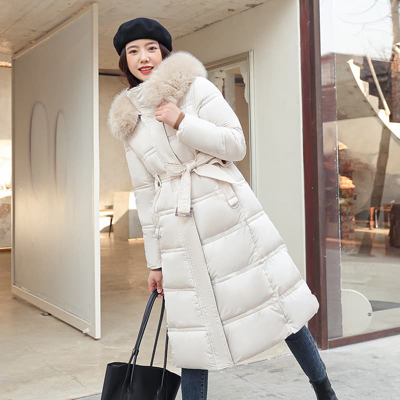 Cross-border new winter cotton-padded jacket for women, extra-long, over-the-knee, large fur collar, slim-fitting, belt-style hooded cotton-padded jacket for women