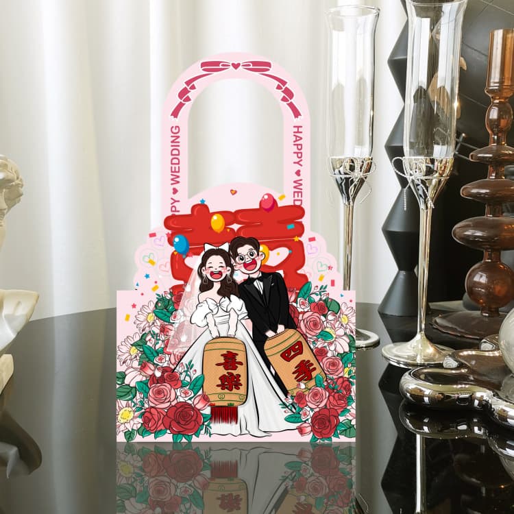 Trendy Hand-Drawn Wedding Candy Box, Cute Hand-Painted Illustration Engagement Marriage Candy Box, Portable Table Candy Box